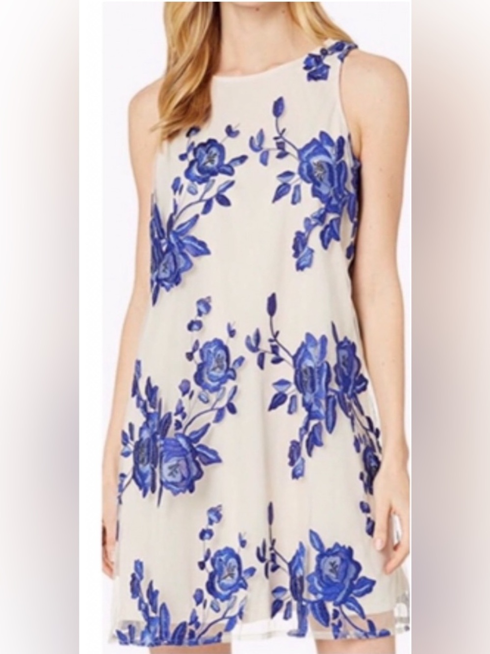 Beige by Eci Royal Blue Floral Embroidered Shift Dress Bow Tie M